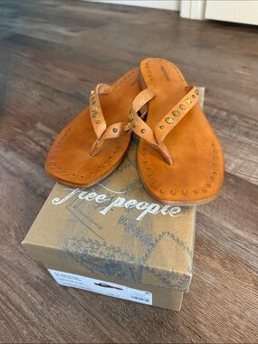 Free People Cognac Leather Studded Thong Sandals
